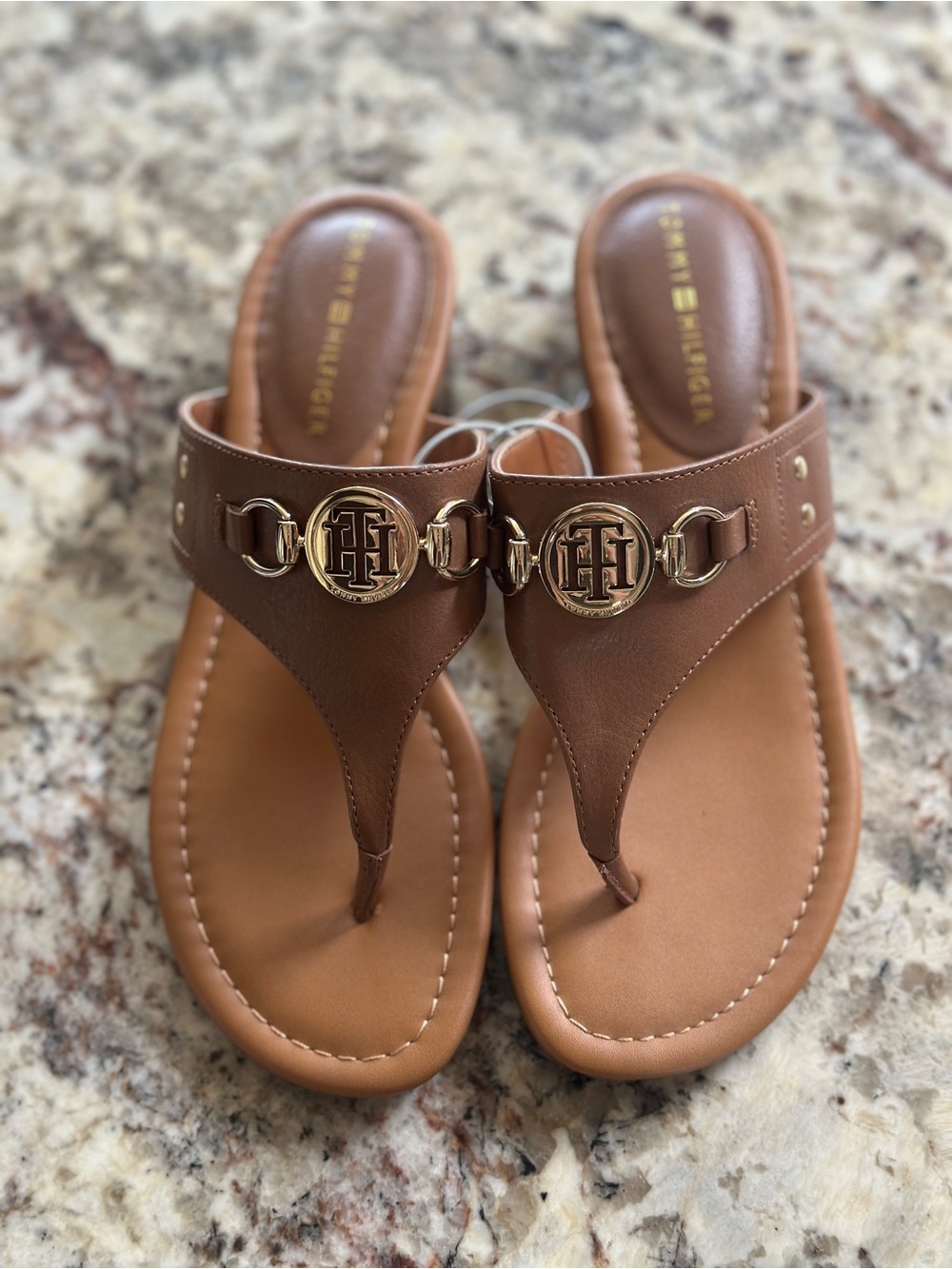 Tommy Hilfiger Brown Tan Leather Logo Thong Sandals